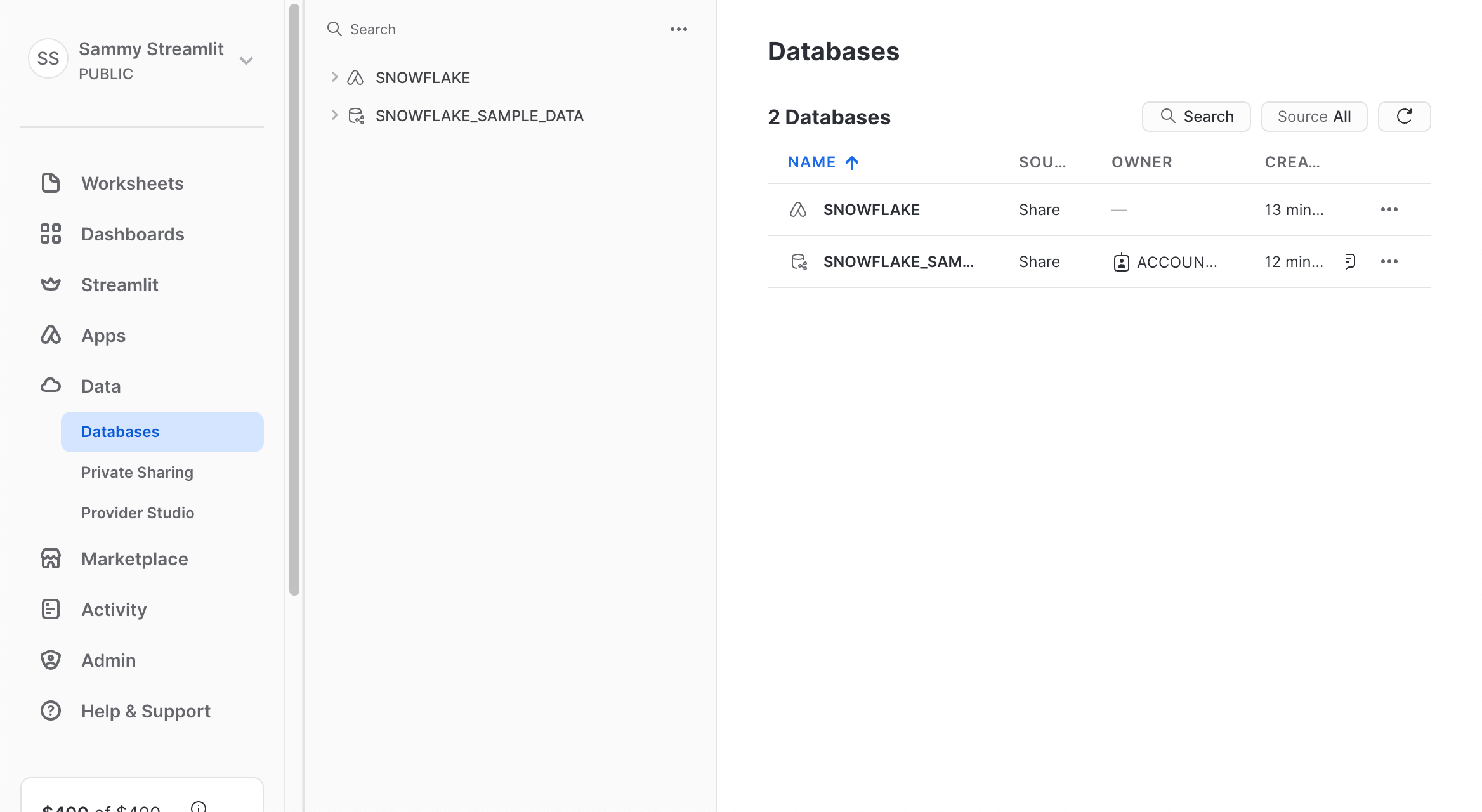 Sample databases in your new trial Snowflake account