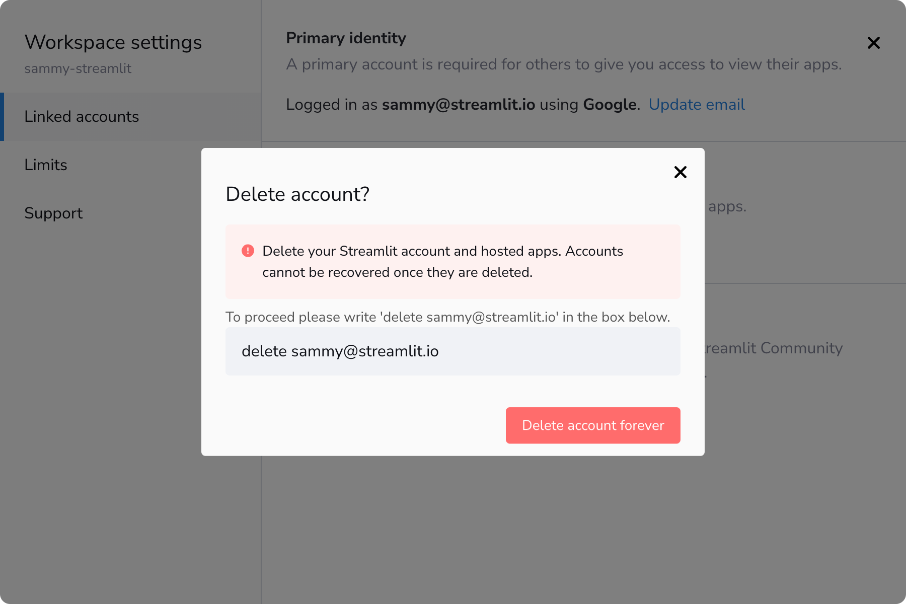 Confirm your account deletion by typing the specified string