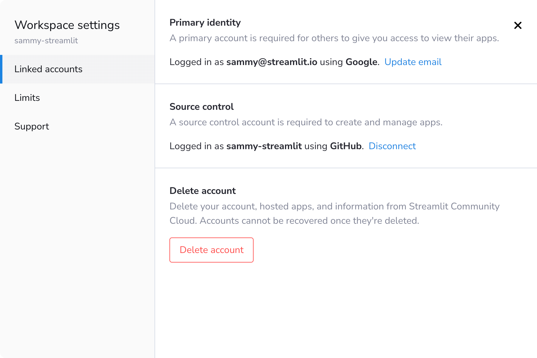 Manage your linked accounts in workspace settings
