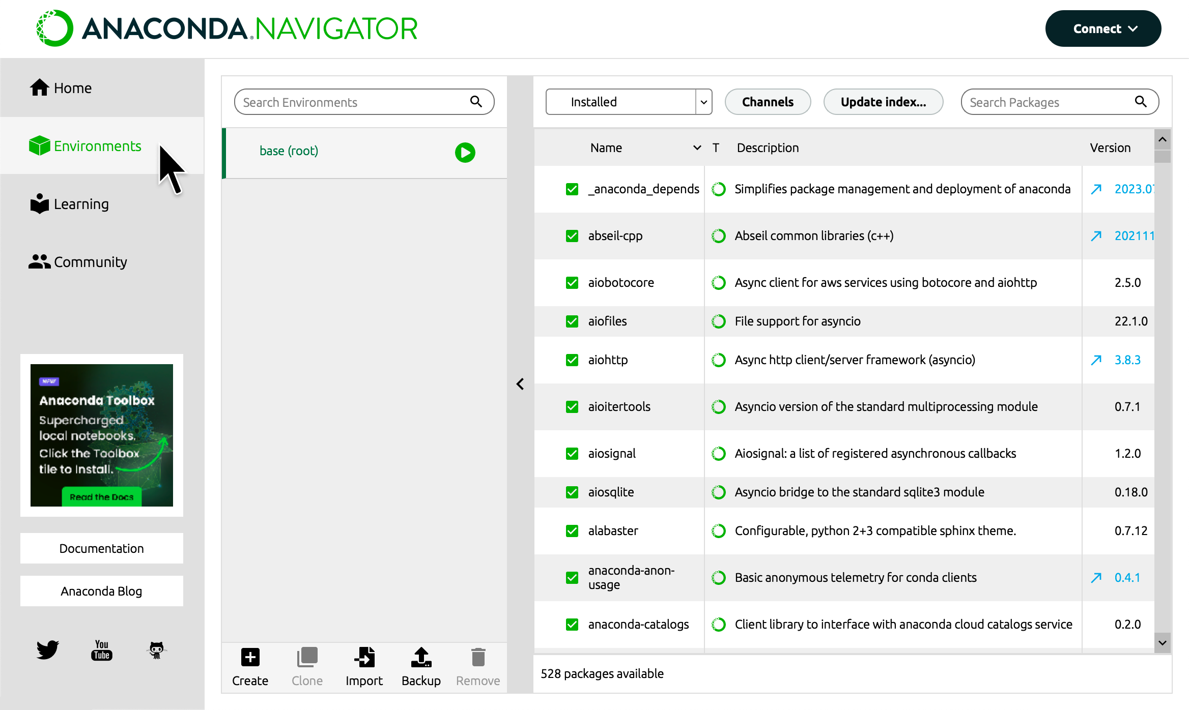 Open your environments list in Anaconda Navigator