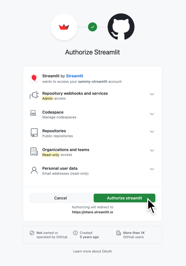 Authorize streamlit to connect to your GitHub account