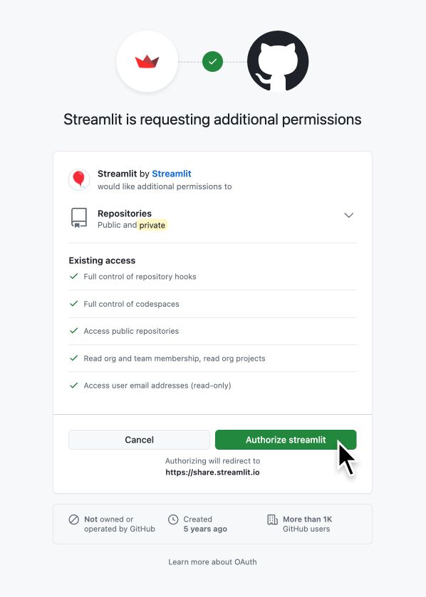 Authorize streamlit to access private repositories