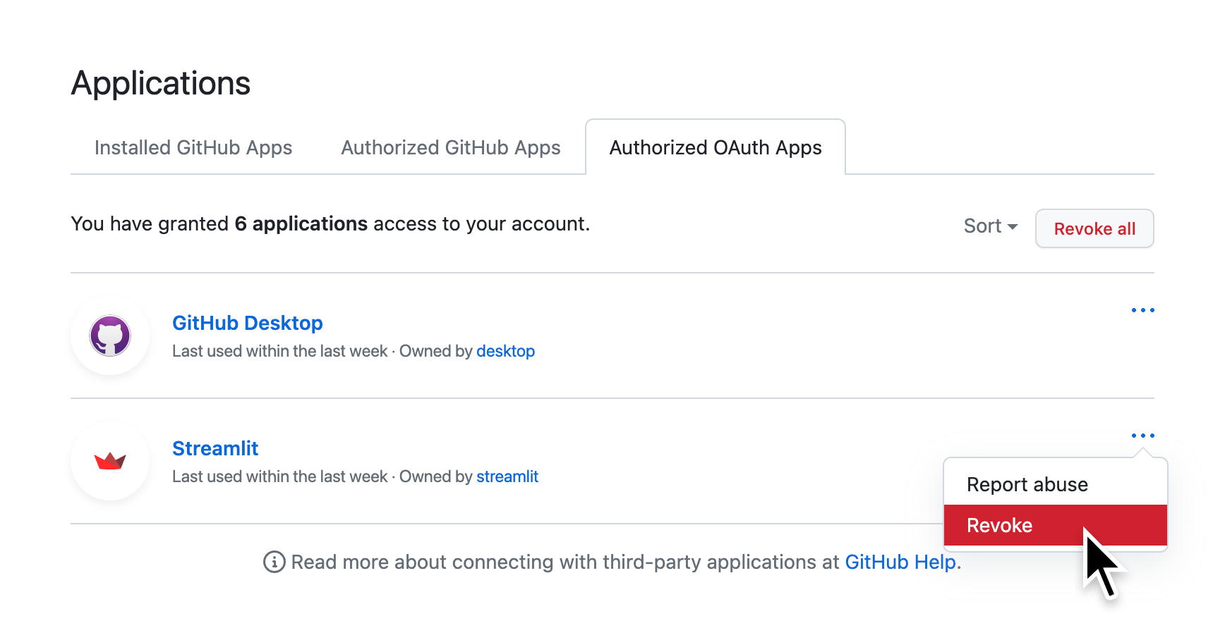 Revoke access for Streamlit to access your GitHub account