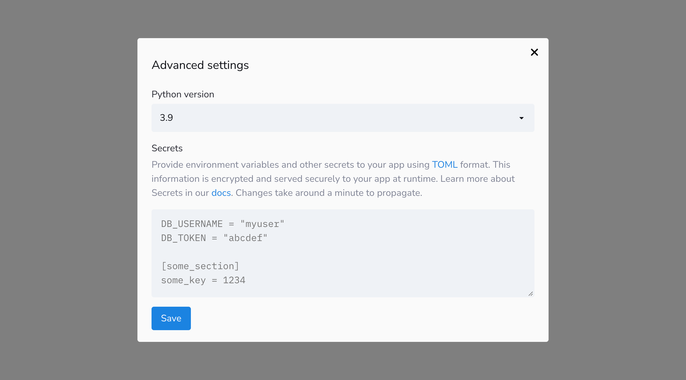 Save your secrets in advanced settings when deploying your app
