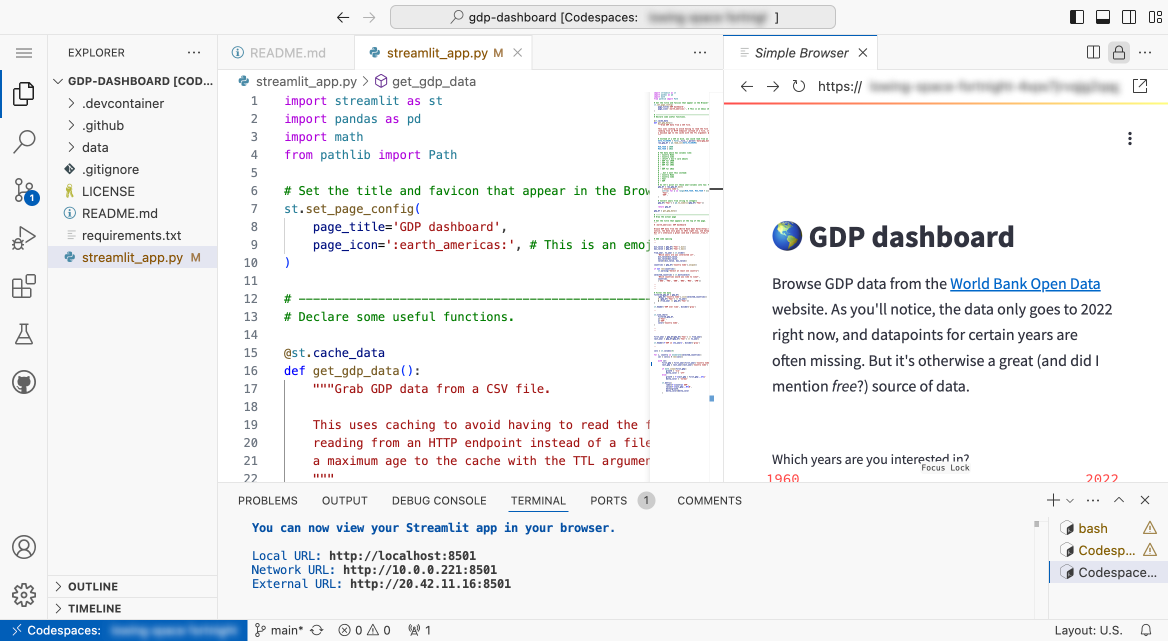 GDP dashboard template app in a codespace