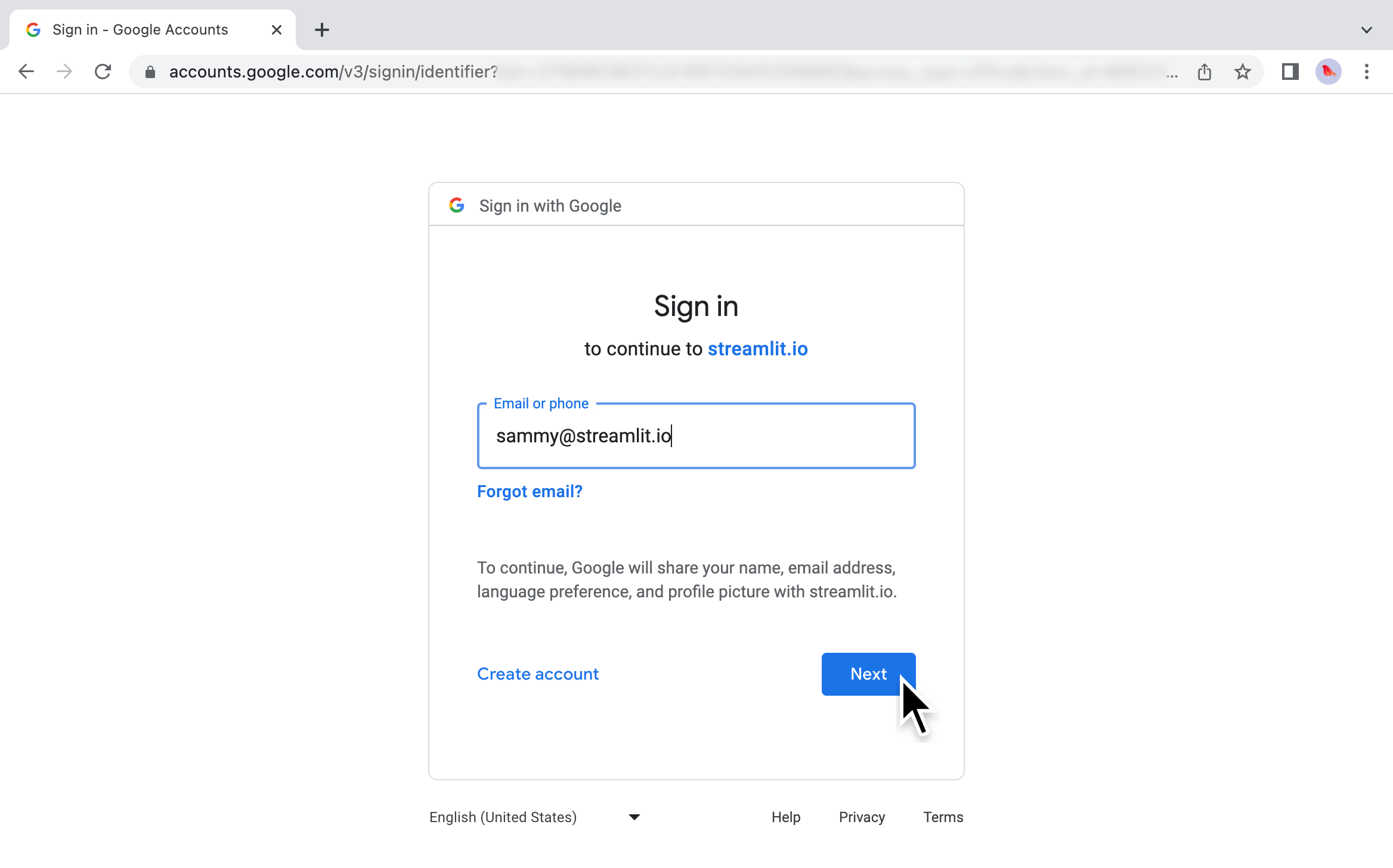 Enter your Google credentials to sign in to Streamlit Community Cloud