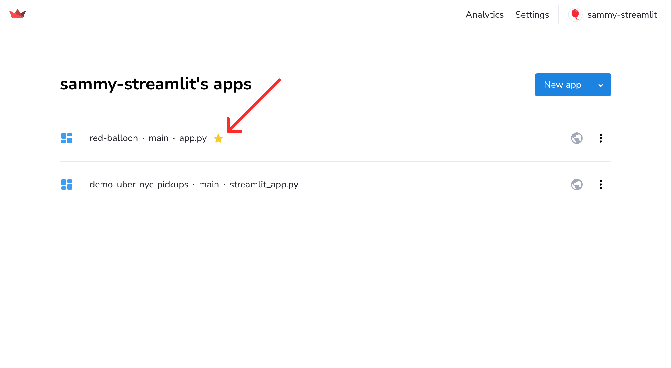 Favorite apps appear on top in Streamlit Community Cloud