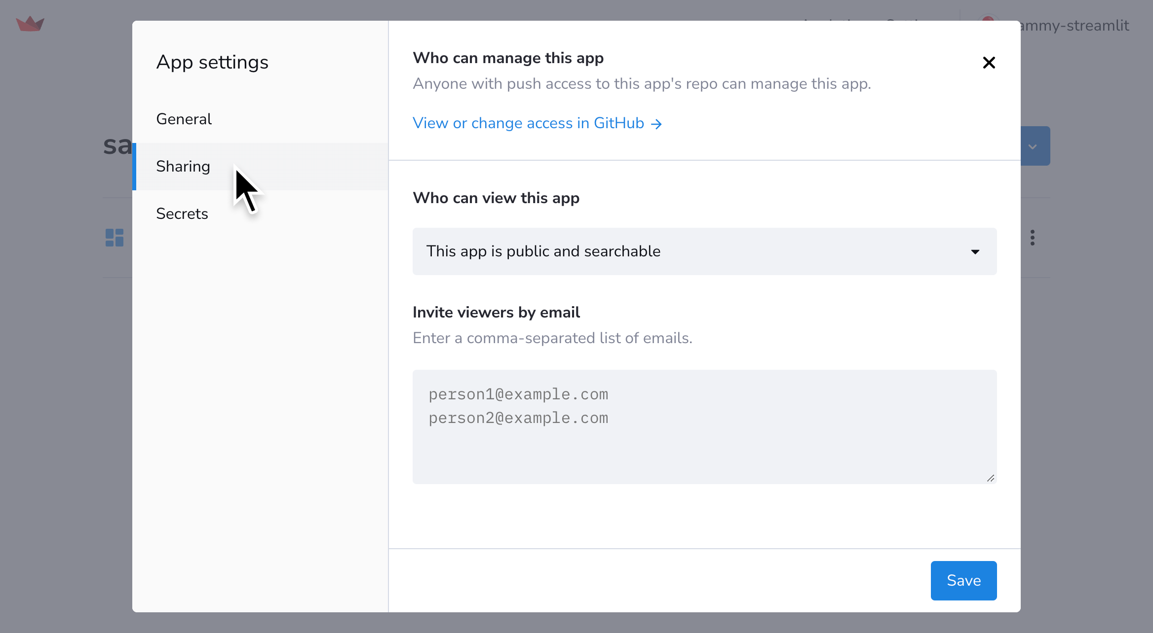 Share settings on Streamlit Community Cloud