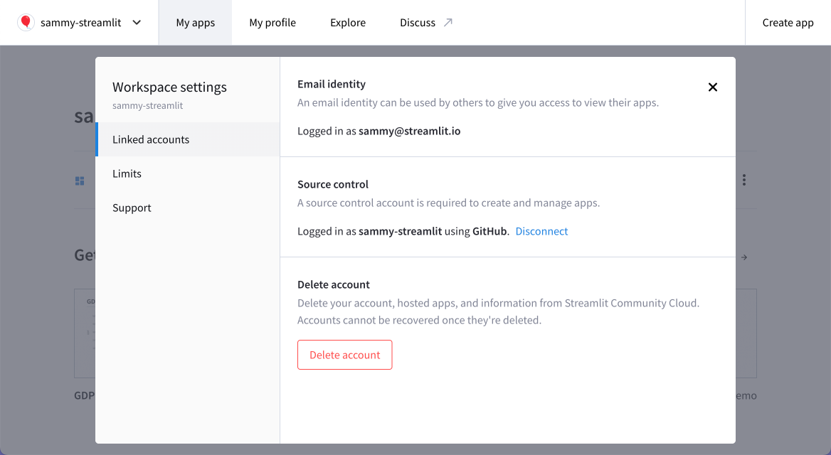 Manage your linked accounts in workspace settings