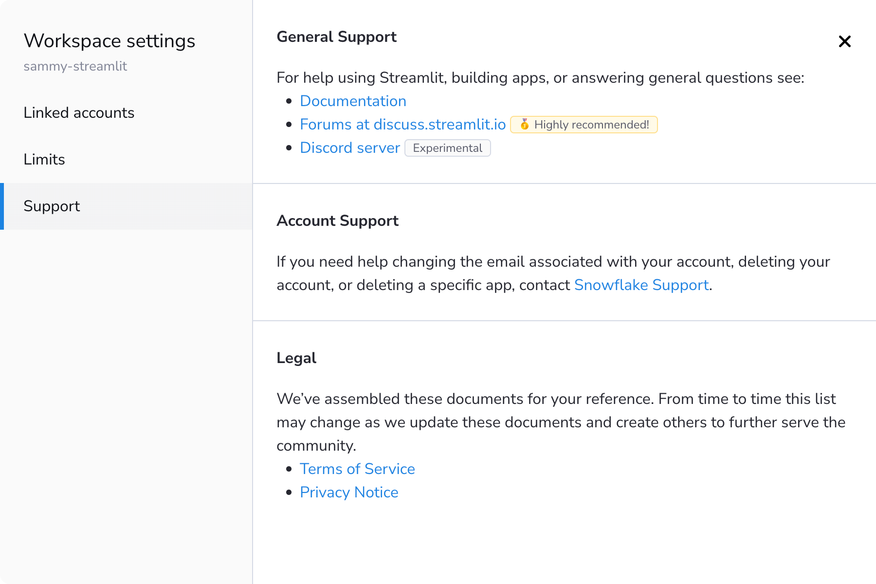 Support options available through workspace settings